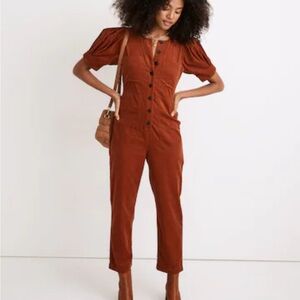 NWT Madewell Corduroy Puff-Sleeve Button-Front Warm Nutmeg Jumpsuit Size 6P